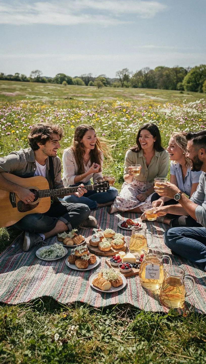 Bodzavirágok és virágzó növények harmonikus keveréke egy csészében.