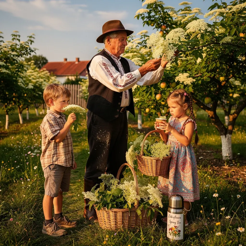 Bodzavirág teázás közben, a tavaszi napfényben ragyogva.