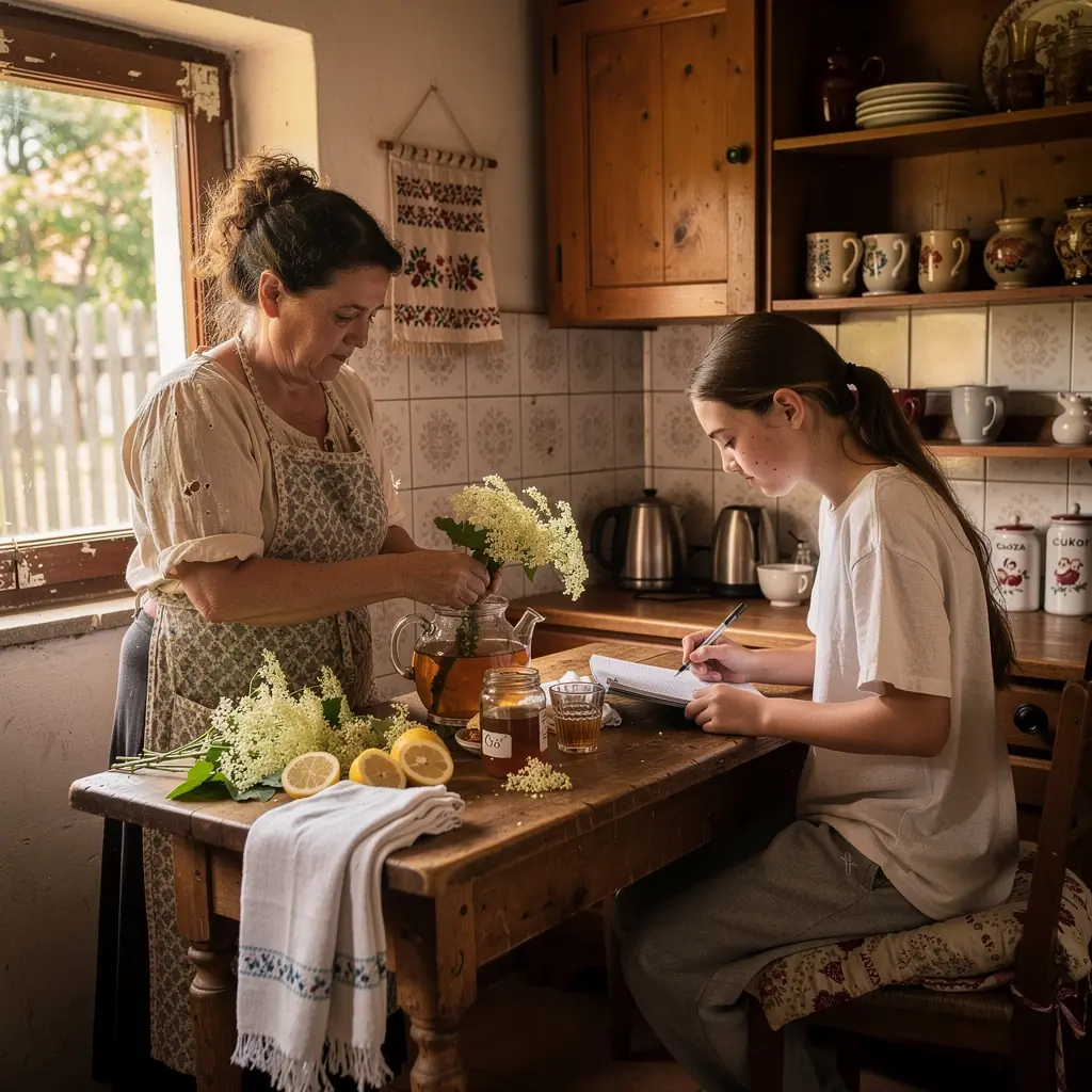 Bodzavirágokkal teli tavaszi tea, amely a virágzás időszakát idézi.